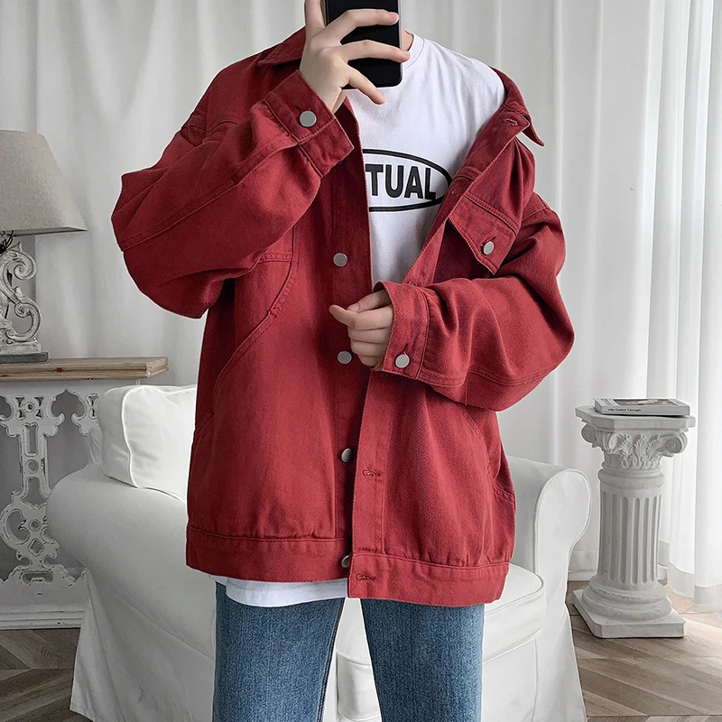 Steetwear Red Mens Jean Jackets Turn Down Collar Multipockets Denim Coats Overalls Loose Casual Men Clothing Outwear 250110Z