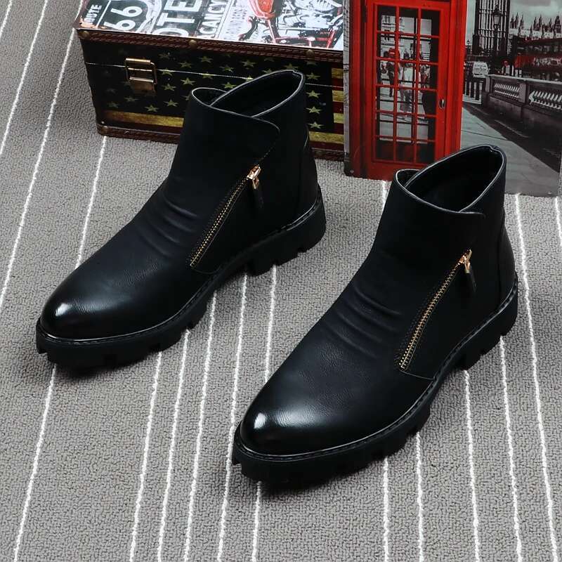 CuddlyIIPanda Designer Men Ankle Fashion Leather Boots British Side Zipper Pointed Toe Male Shoes