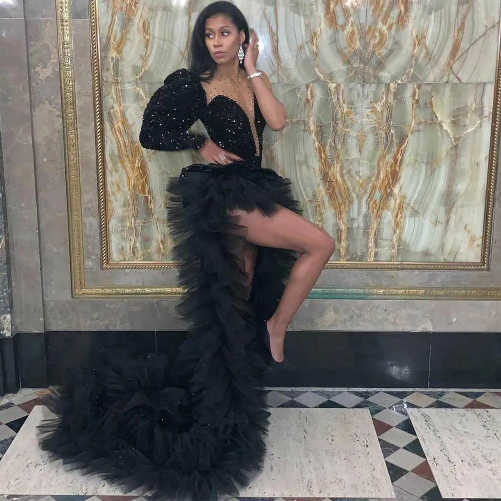 Black Sequined One Shoulder Prom Dresses Ruffles Side High Split Sexy Evening Gowns Beaded Sheer Neck Modern Pageant Special Occasion Dress 2025