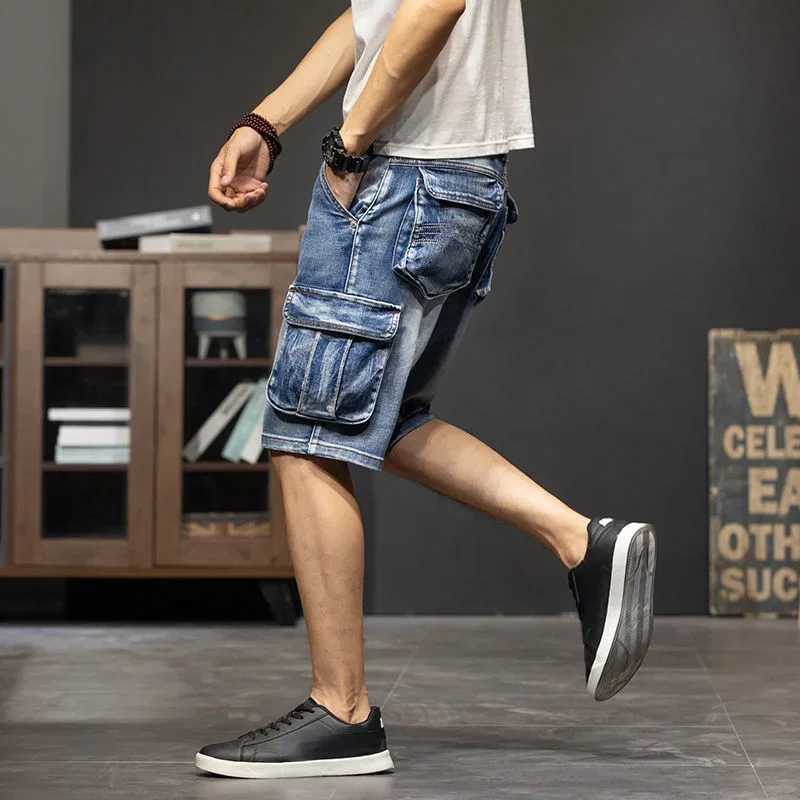 Mens Short Jeans Pants Half with Pockets Male Denim Shorts Knee Length Long Cargo Korean Fashion Hip Hop Vintage Y2k Summer XlXJ250117