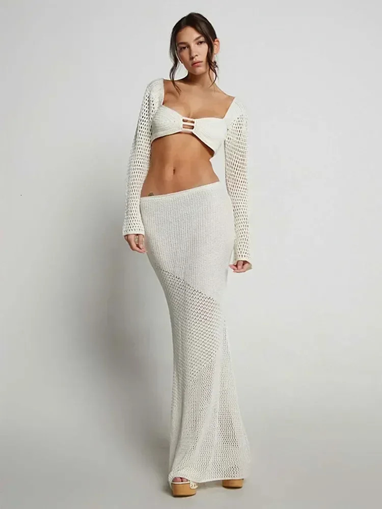 White crochet 2-piece set long sleeved backless lace up top long sleeved set club knitted beach dress bikini top A1882 250109