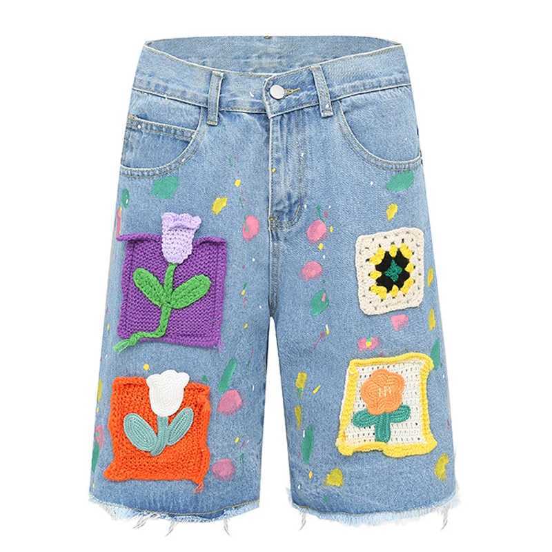 Harajuku Vintage Knitted floral Pattern Denim Shorts Mens Oversized Straight Cut Jeans Casual Loose Shorts College Pants Y2KXJ250117