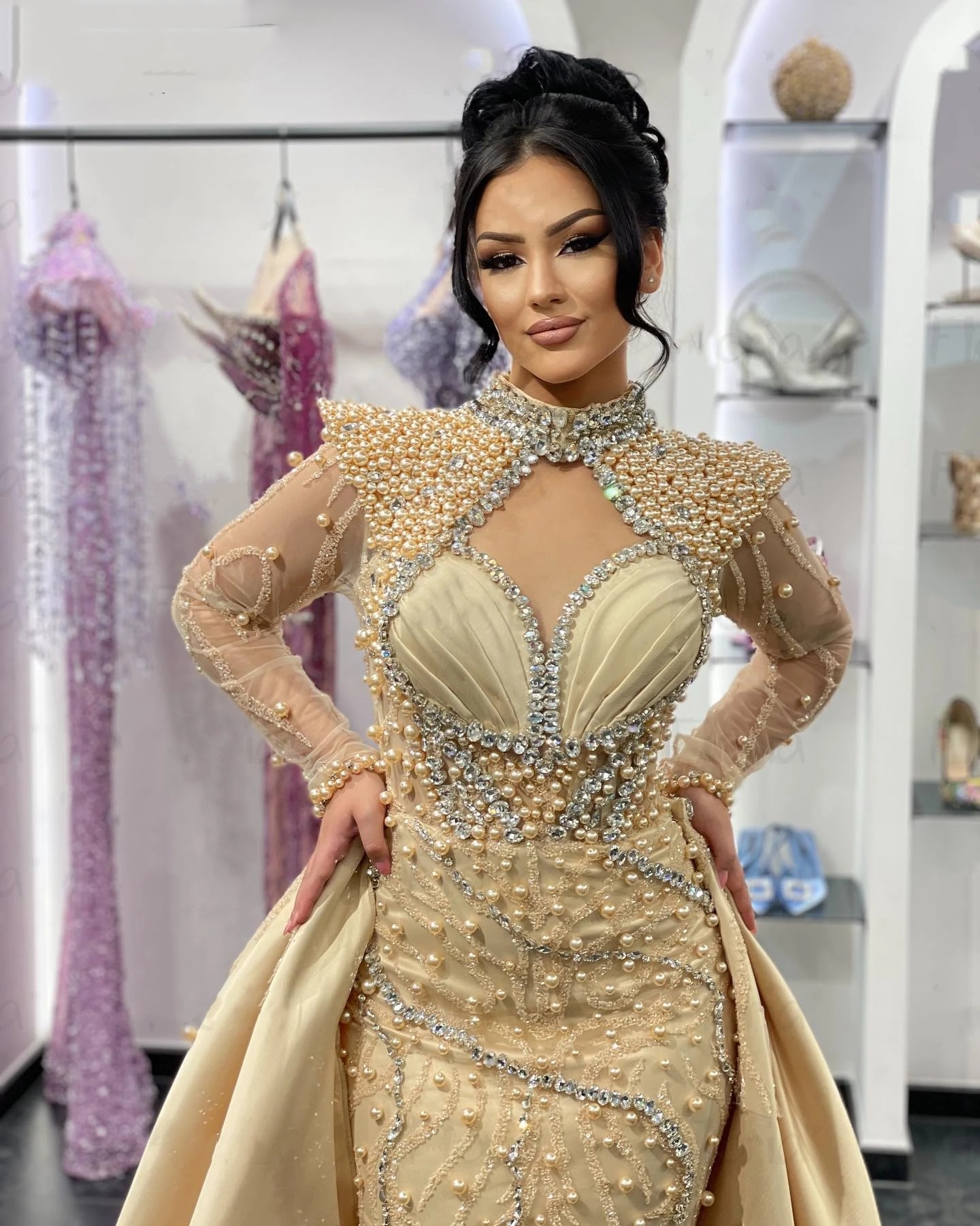 Mermaid Evening Dresses For Women High Collar Long Sleeves Gown Crystal Pearl Detachable Train Customized Dress