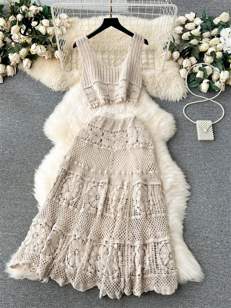 SINGREENY Bohemian Retro Knitted Set Tank Tassel Crop TopLoose Hook Hollow Skin Fashion Womens Summer Chic Beach Set 250109