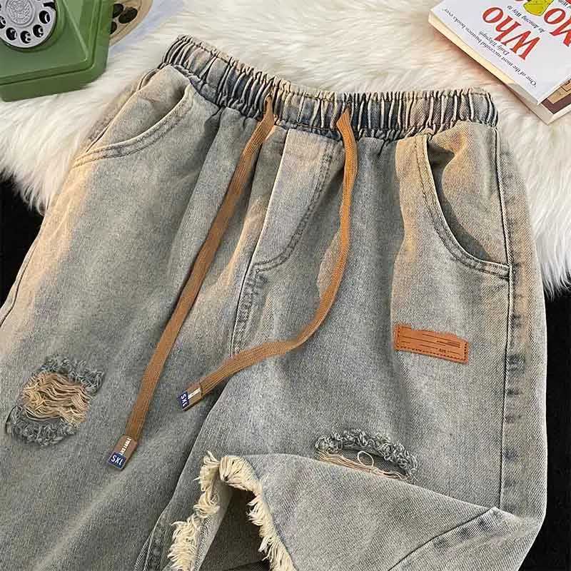 Mens Trendy Vintage Casual Streetwear Y2K Hole Jeans Short Pants 2024 Summer Youth Harajuku Pockets Loose Straight Denim ShortsXJ250117