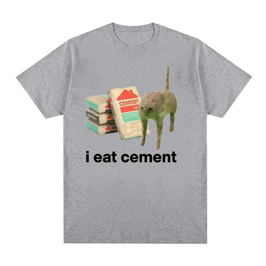 I Eat Cement Cursed Cat Funny Meme T Shirt For Men Women Fashion Casual Short Sleeve Male Oversized Polyester T-shirt TopsXJ250117
