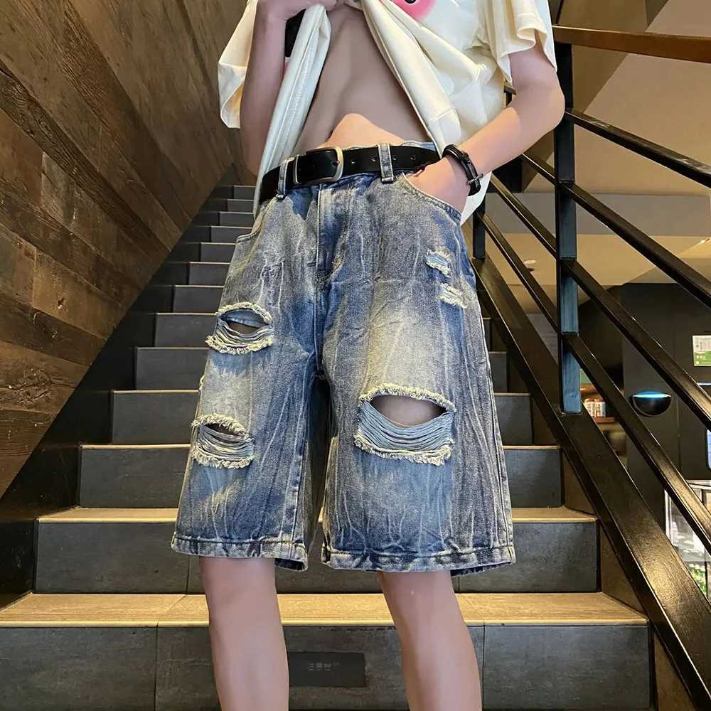 Mens Denim Shorts Ripped Trendy Y2k Lightning Pattern Shorts High Street American Style Versatile Retro Shorts Thin Summer 2024XJ250117