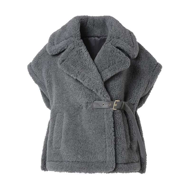 2024 Teddy Vest Lady Fashion Winter Wool Short Coat Leather Belt Women's Waistcoat Streetwear Gilet