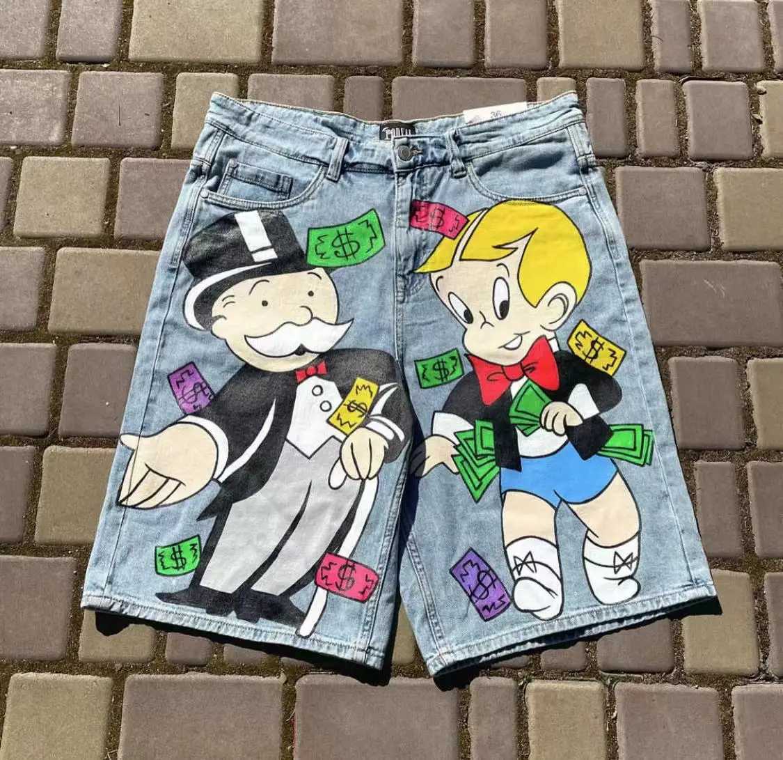 Denim shorts summer American retro 2024personalized cartoon character printed shorts casual Y2K trend fitness sports street wearXJ250117
