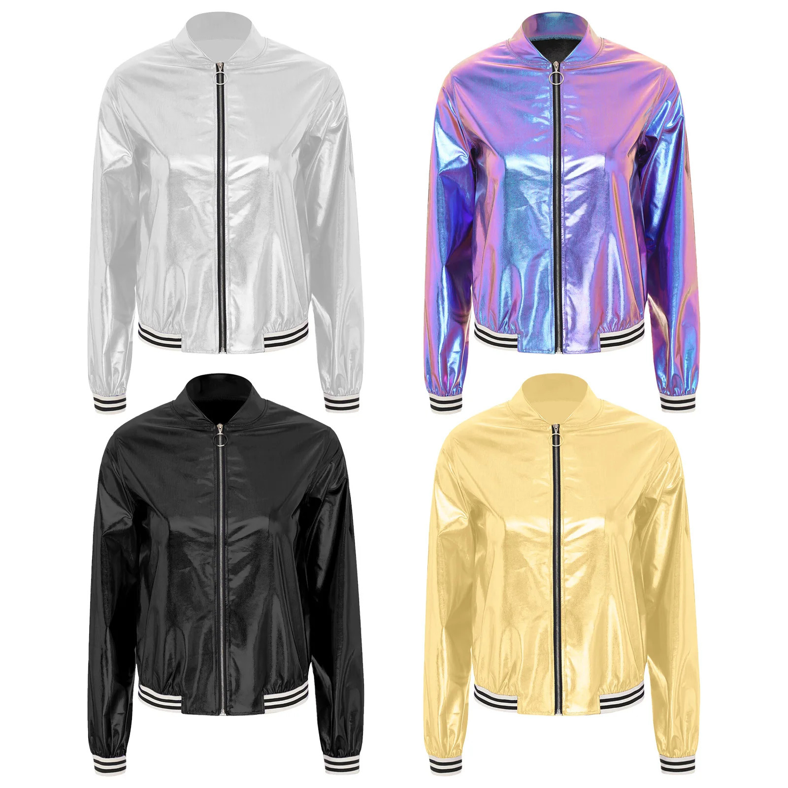 Womens Baseball Jacket Spring Autumn Holographic Metallic Shiny Bomber Jacket Coat Long Sleeve Zipper Striped Band Outerwear 250116