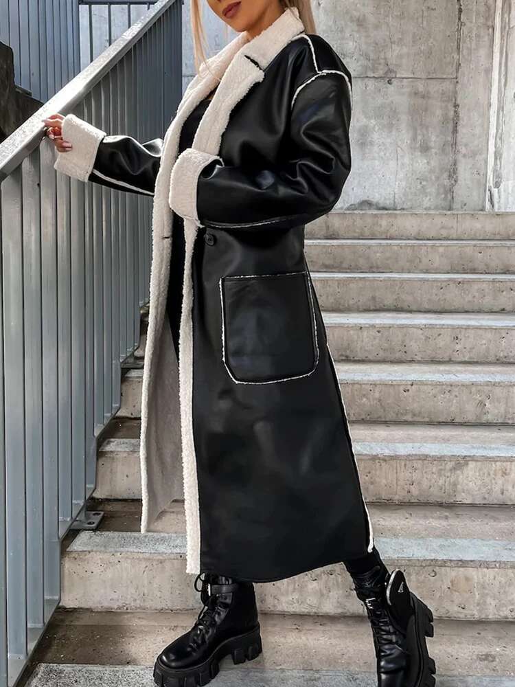 hoodie Women Single Button Long Trench Female Casual Patchwork Big Pockets Outerwear Autumn Winter Loose Solid Thick Overcoat jacket