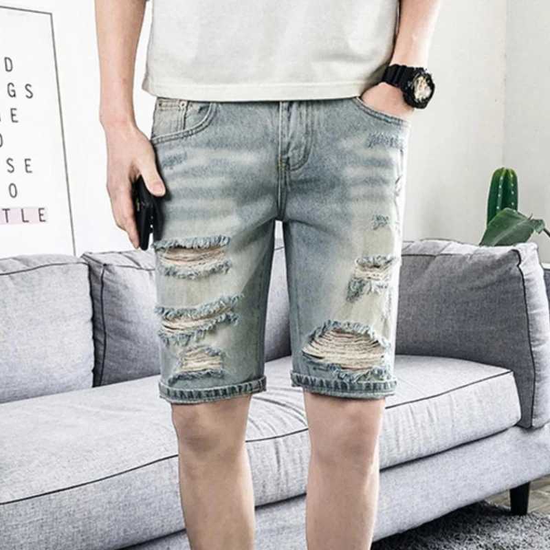 Man Denim Shorts Straight Ripped Bermuda Short Jeans Pants for Men Half Long Korean Fashion Streetwear Harajuku Y2k Trend 2024XJ250117