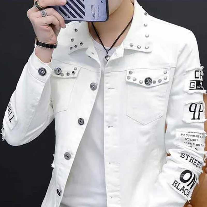 Mens Denim Jacket Short Rivet Casual Slim White Male Jean Coats Korea Lxury Washed in Lowest Price Size L of Fabric Rock Joker W250116