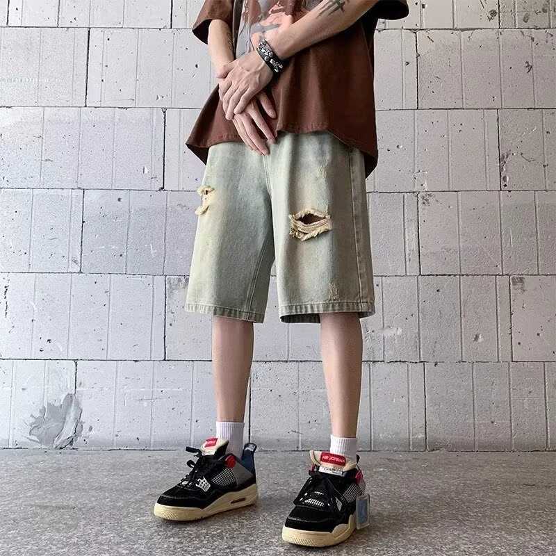 Summer Distressed Ripped Denim Shorts Mens Drawstring Retro Fashion Short Jeans Hombre Y2K Streetwear Baggy Blue Bermuda shortsXJ250117