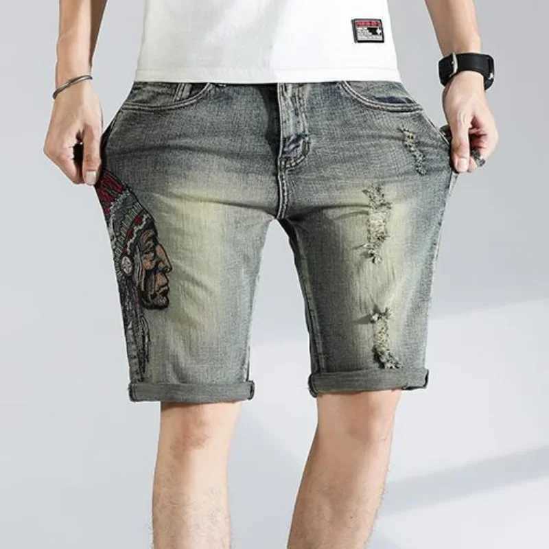 Man Denim Shorts Graphic Short Jeans Pants for Men Straight Retro Blue Ripped Buttons Cut Summer Y2k Baggy Jorts New in OriginalXJ250117