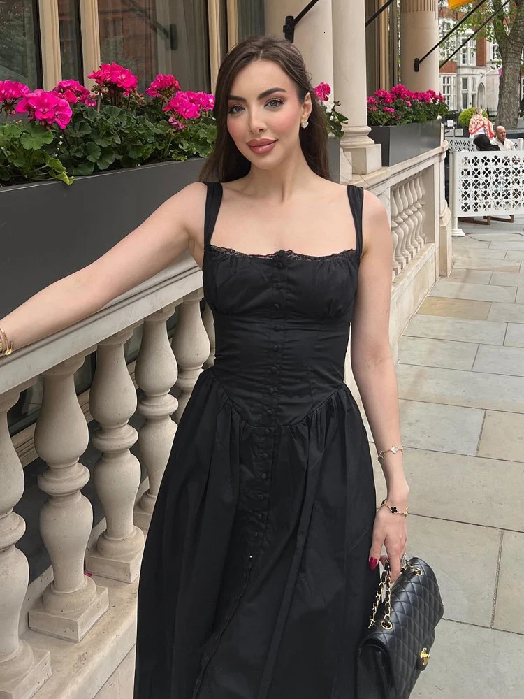 Mingmingxi Summer Black Spaghetti Strap Holiday Party Dresses Elegant Midi Button Lace Up Dress Casual Women In Dress 250109