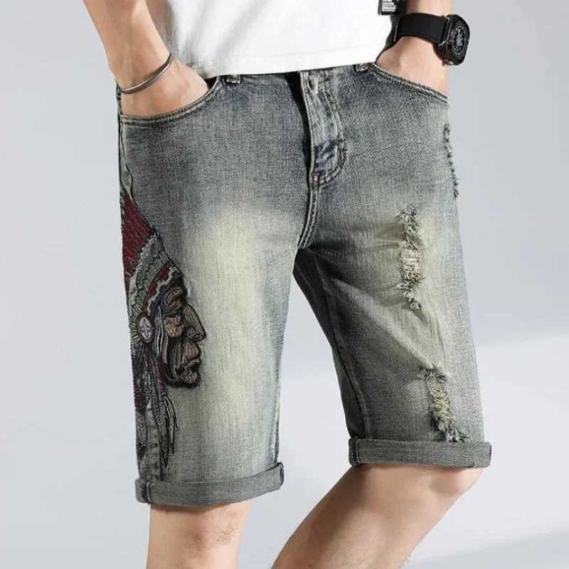 Man Denim Shorts Graphic Short Jeans Pants for Men Straight Retro Blue Ripped Buttons Cut Summer Y2k Baggy Jorts New in OriginalXJ250117