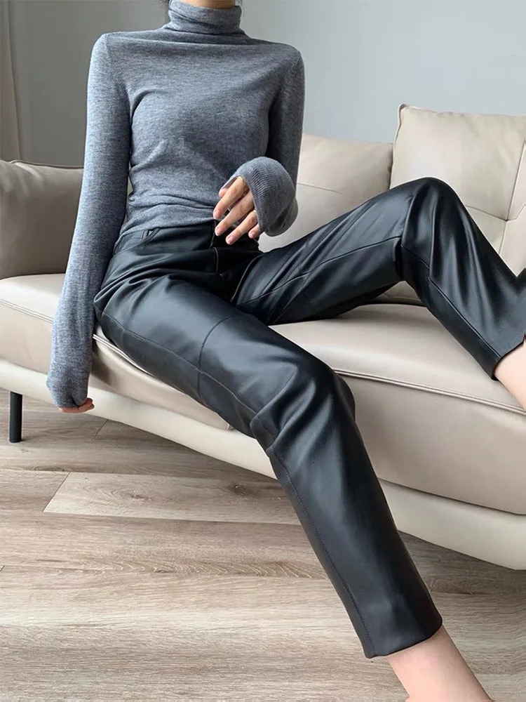Streetwear Women Pants Korean Fashion Genuine Leather High Waist Trousers Quality 250106