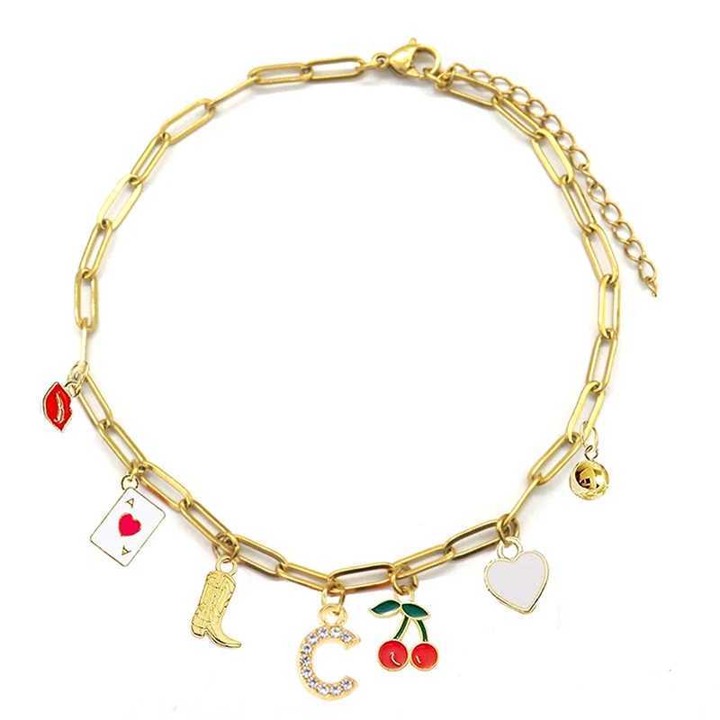 Enamel Red Lips Cherry Boot Letter Charm Bracelet Gold Plated Stainl Steel Chain Bracelets For Women Girls Cowgirl JewelryXJ250117