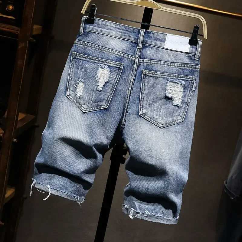 Male Denim Shorts Ripped Straight With Pockets Xl Mens Short Jeans Pants Thin Cut Trend 2024 Blue Y2k Fashion Youthful EmoXJ250117