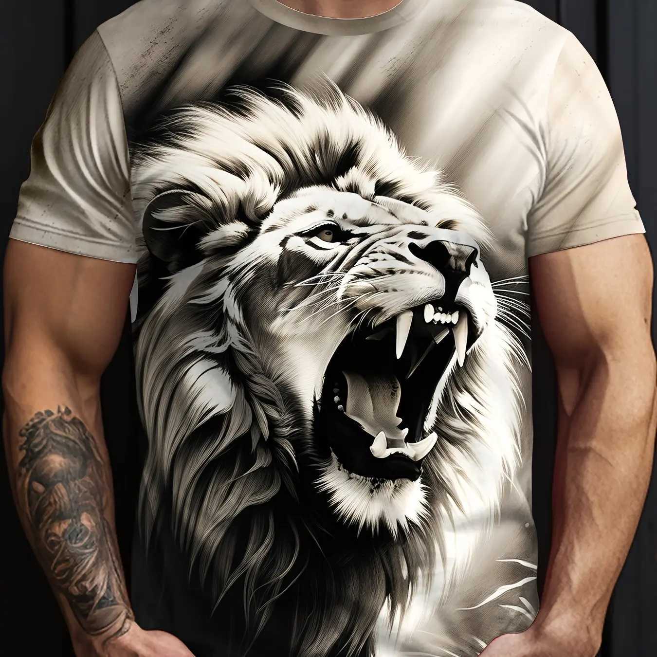 Mens Lion Print Short Sleeve Crew Neck T-Shirt Soft Breathable Casual Wear Outdoor Activities Summer Essential Clothing TshirtsXJ250117