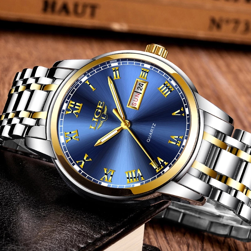 LIGE Men's business quartz Watch Classic three-pin double calendar watch Stainless steel strap Top brand watch Multi-functional life waterproof w
