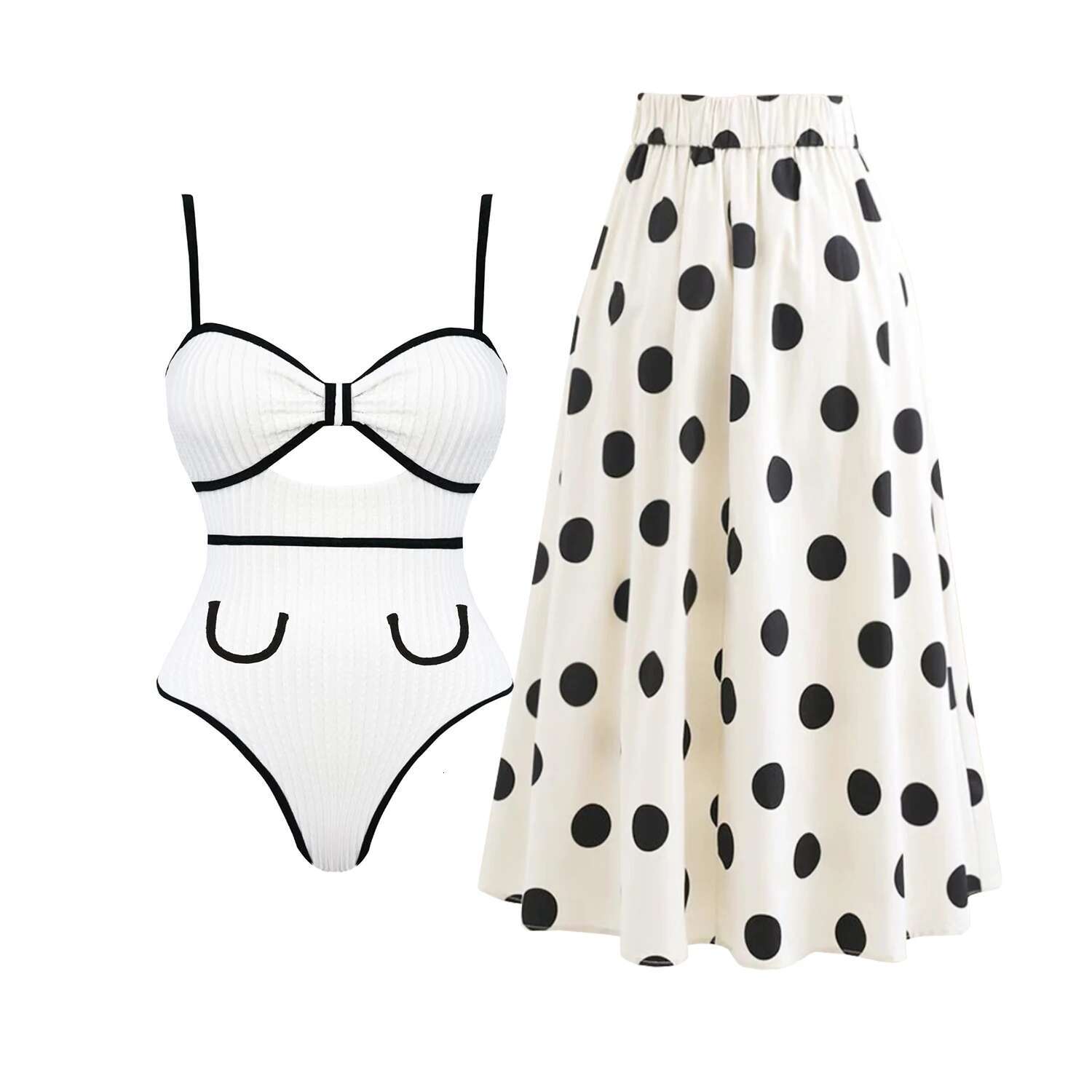 2025 Black White Retro One Piece Swimsuit Women Bow Tie Swimwear With Skirt Sexy Bathing Suit Monokini Bodysuit Beach Wear