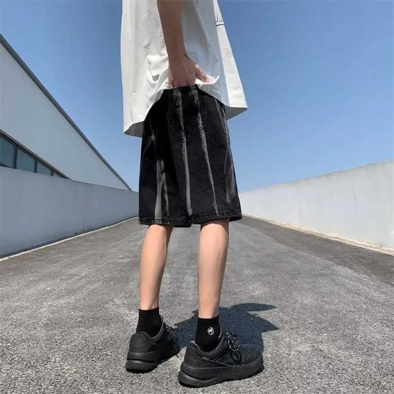 Summer Vintage Tie-dye Denim Shorts Mens Drawstring Y2K Streetwear Straight Short Jeans 2024 New Baggy Hip Hop Male shortsXJ250117