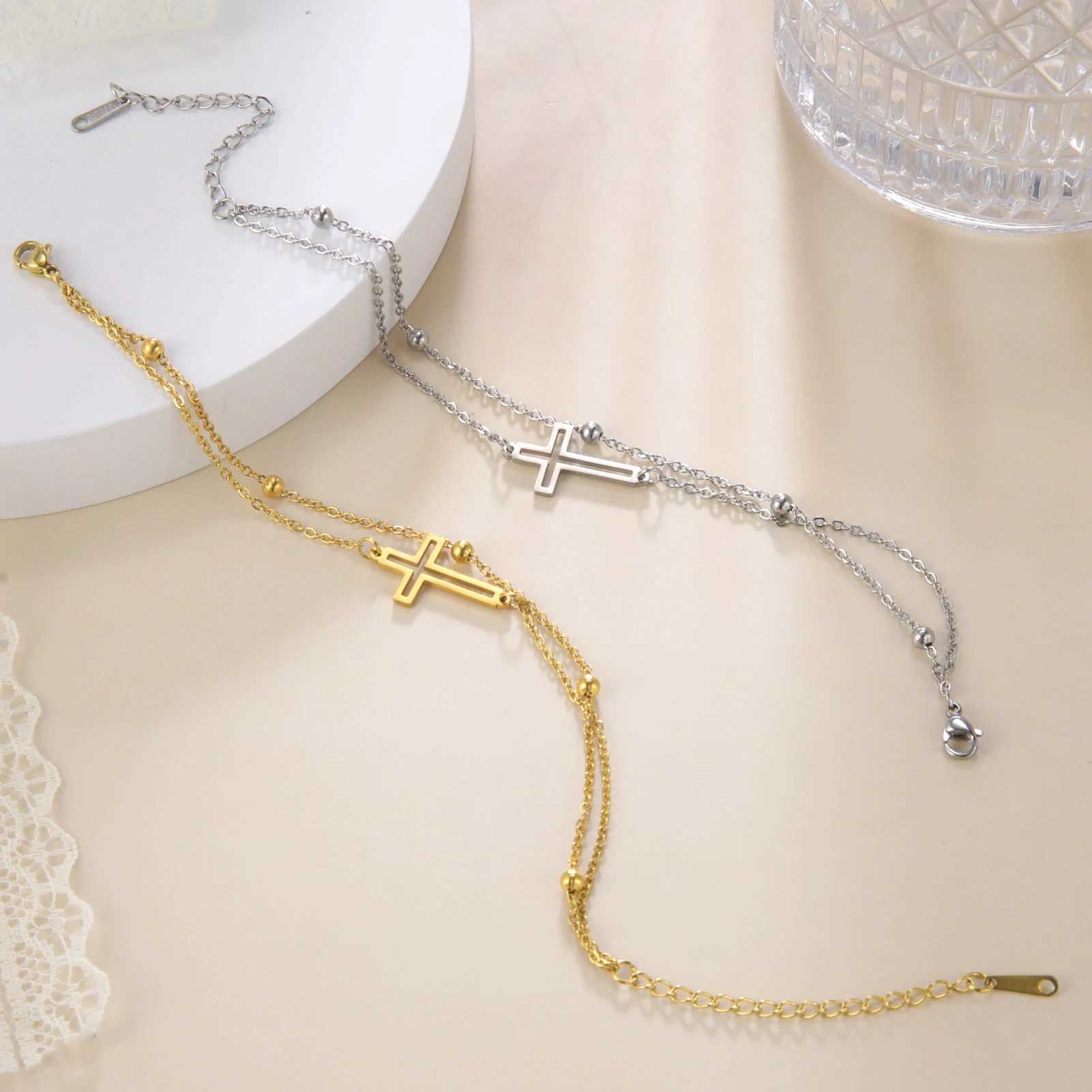 Fashion Womens Jewelry Cross Pendant Bracelets Stainl Steel Double Layer Chain Bracelets for Men Women Trend GiftXJ250117