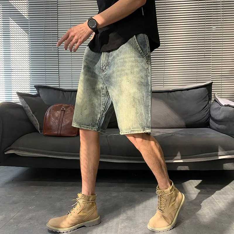 Male Denim Shorts Long Half Bermuda Mens Short Jeans Pants Straight Korean Fashion Designer Original Cowboy Blue Y2k Sale XlXJ250117