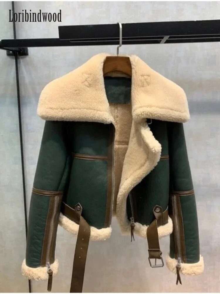 2023 New Winter Clothes Green Ing Large Lapel Motorcycle Clothing Women's Thickened Short Fur One-Piece Sheepskin Coat