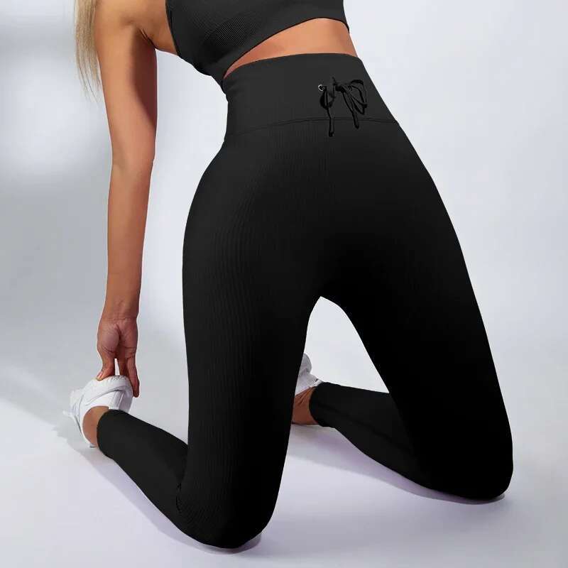 Ddmytiger China Domestic Tracksuit Sports Ribbed Fiess Suit Long Sleeve Top Drawstring Leggings Gym Workout Sportswear Seamless Set Ddmytiger