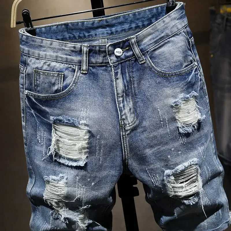 Male Denim Shorts Ripped Straight With Pockets Xl Mens Short Jeans Pants Thin Cut Trend 2024 Blue Y2k Fashion Youthful EmoXJ250117