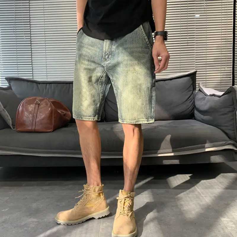 Male Denim Shorts Long Half Bermuda Mens Short Jeans Pants Straight Korean Fashion Designer Original Cowboy Blue Y2k Sale XlXJ250117