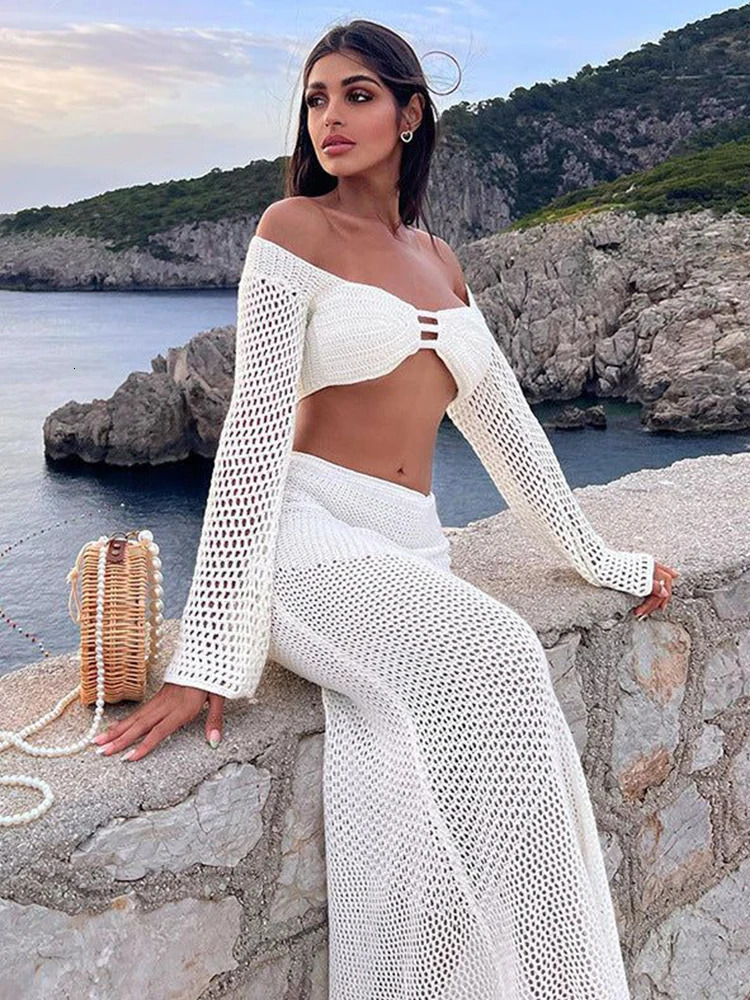 White crochet 2-piece set long sleeved backless lace up top long sleeved set club knitted beach dress bikini top A1882 250109