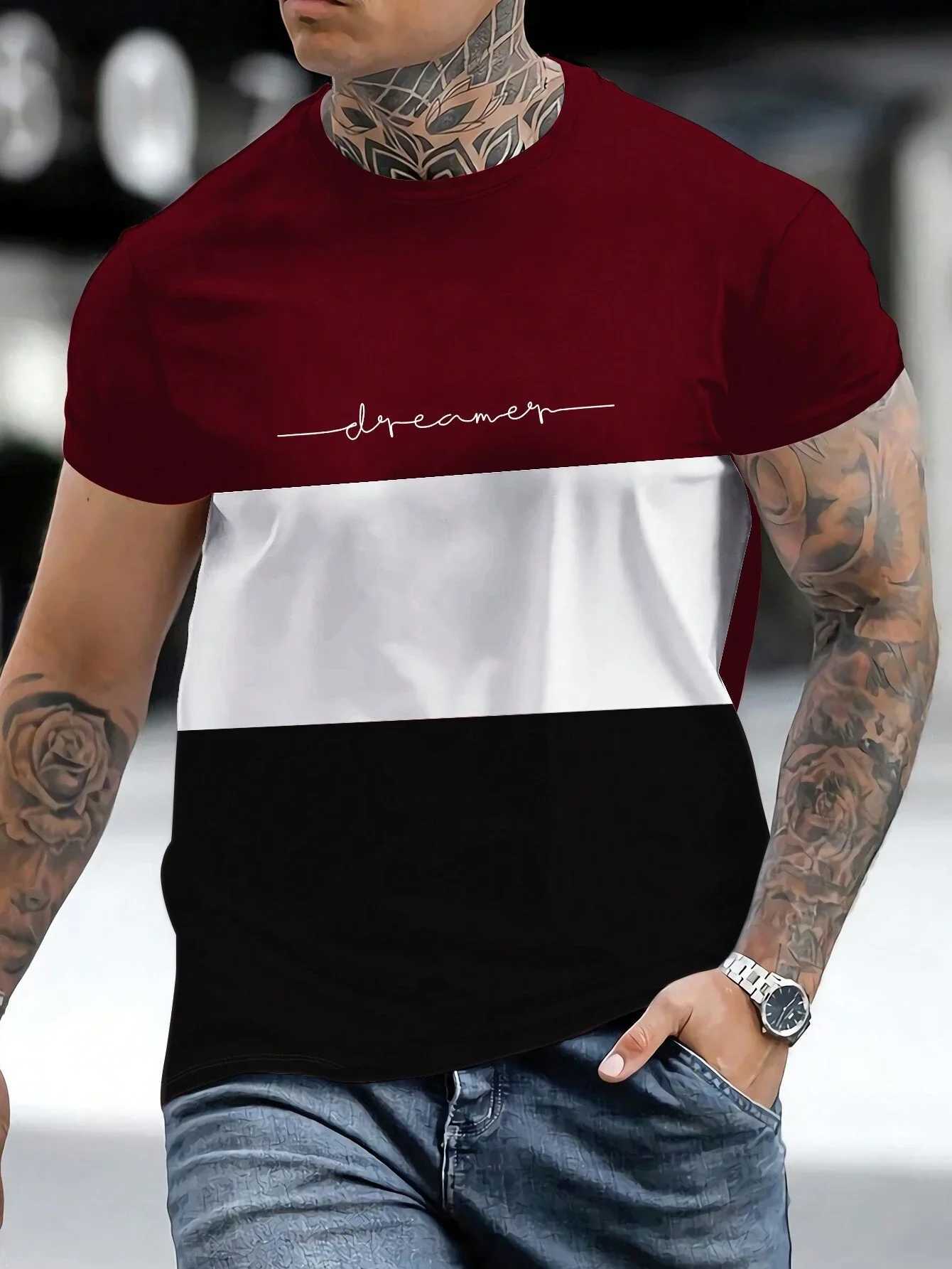 Fashionable Mens Color Block Letter Printed T-Shirt Harajuku Basic Short Sleeve Tee Tops Leisure O-Neck Mens Casual t-shirtXJ250117