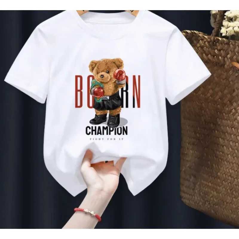 Funny Bear Print Childrens T-shirt Summer Short Sleeve Kids Shirt Cartoon Harajuku Shirt Girl Boy T Shirt Tops Teddy Bear M250116