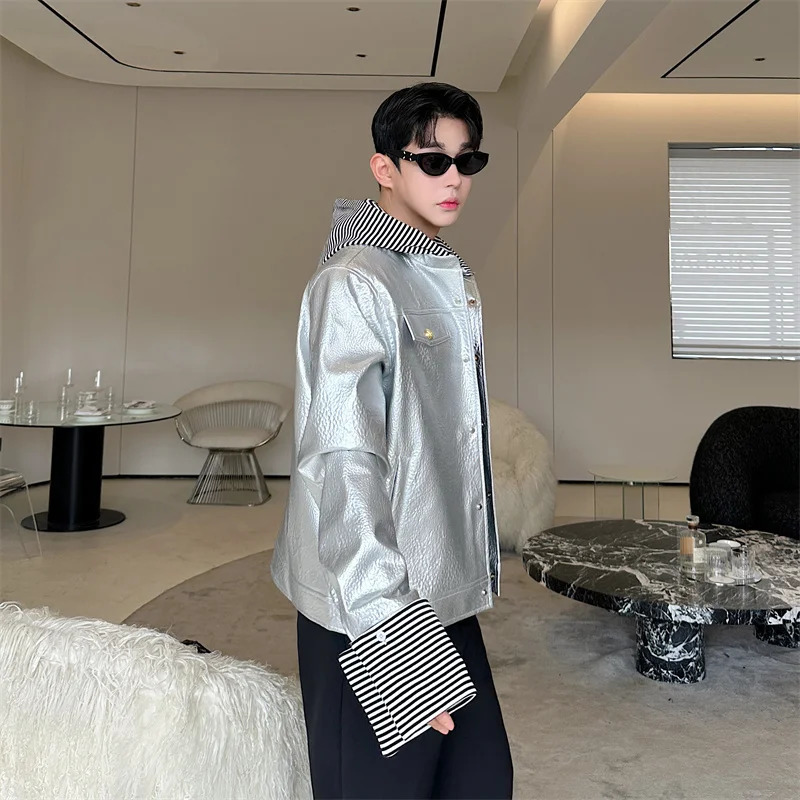 High Street Removable Hooded Mens Jackets PU Leather Casual Coats Solid Color Loose Male Clothing Autumn 250109