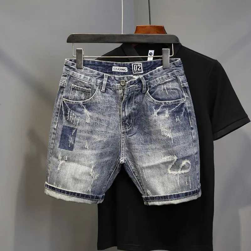 Korean Luxury Clothing Mens Summer Denim Knee Length Shorts 2024 Fashion Designer Ripped Hole Cowboy Korean Slim Short Pants W250116