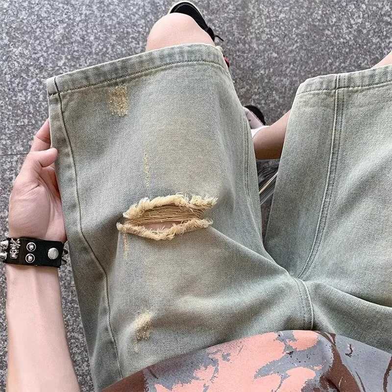 Summer Distressed Ripped Denim Shorts Mens Drawstring Retro Fashion Short Jeans Hombre Y2K Streetwear Baggy Blue Bermuda shortsXJ250117