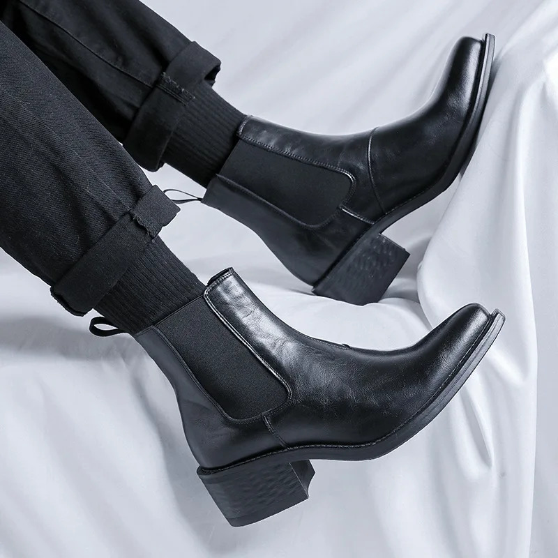 Mens Ankle Business Boots High Heels Handmade Spring Vintage British Style Comfortable Black Wedding Social Shoes Male 250114