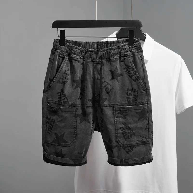 Summer multi pocket jeans shorts for mens fashionable printing trend street stretch casual loose denim casual pantsXJ250117