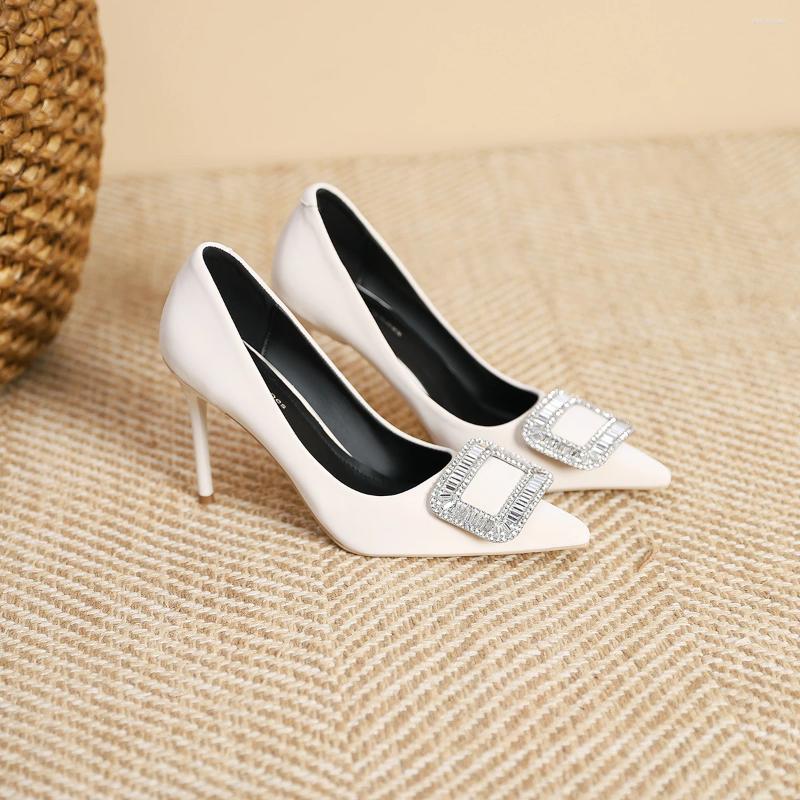 Dress Shoes Diamond High Heels Black Velvet Spring Socialite Temperament Pointy Shallow Commuter Square Buckle