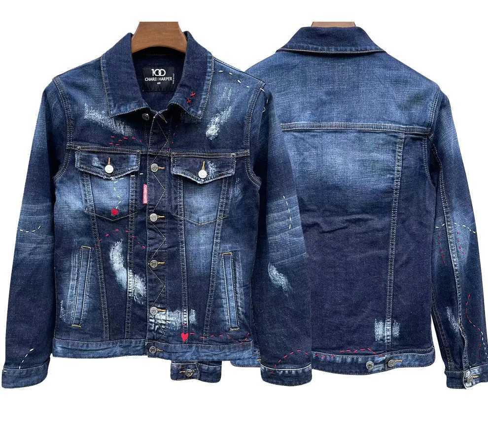 00 chareiharper Denim jacket mens high quality wash white coat young hipster men hole patch wash splash ink jacket W250116