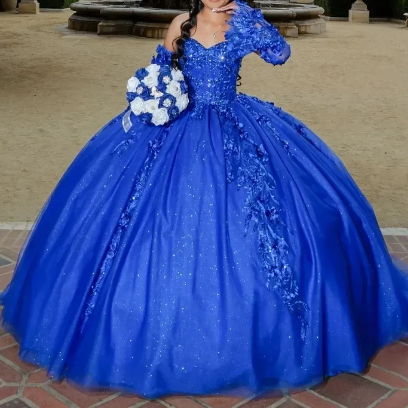 Luxurious Royal Blue Quinceanera Dresses With Lace 3D Floral Appliques Sweetheart Ball Gown Sweet 16 Dress Detachable Long Sleeves Vestido De Vx Anos 