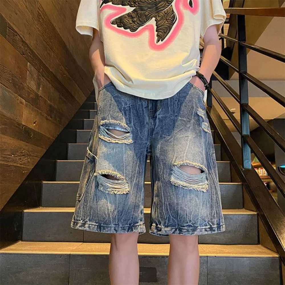 Mens Denim Shorts Ripped Trendy Y2k Lightning Pattern Shorts High Street American Style Versatile Retro Shorts Thin Summer 2024XJ250117