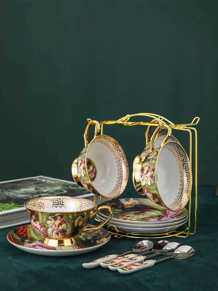 European Coffee Cups and Saucer Set Retro Figure Painting Bone English Tea Party Porcelain Teacup He Drinking Gift Z250102
