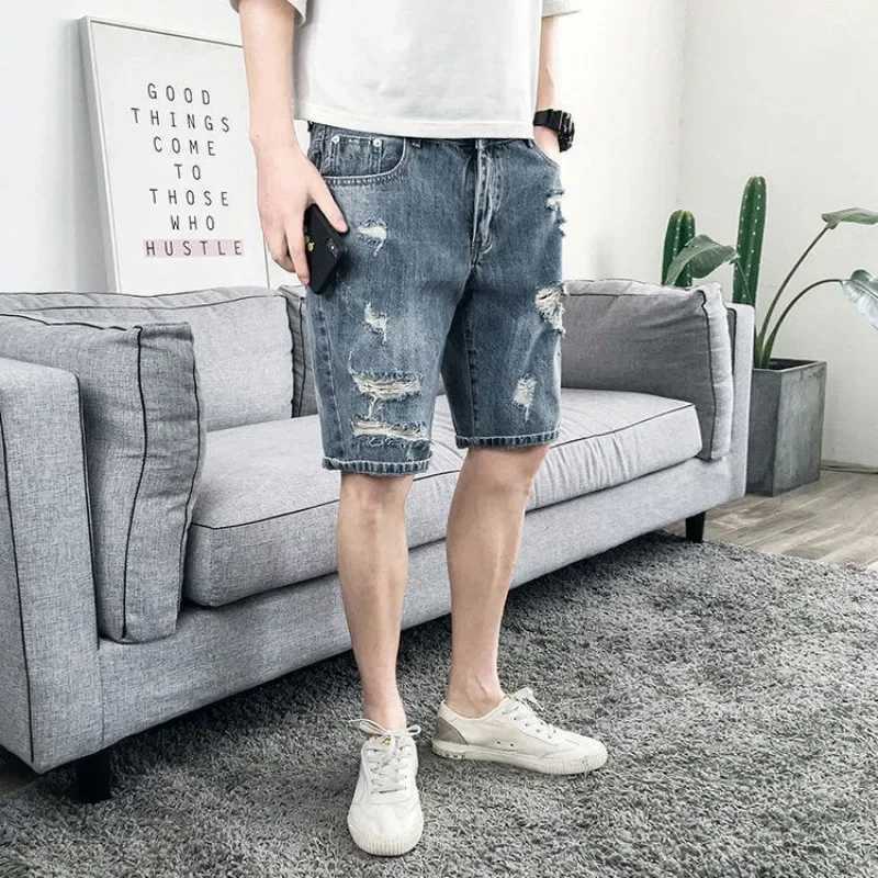 Man Denim Shorts Ripped Sale Straight Short Jeans Pants for Men Harajuku Emo Korean Fashion Designer Original Popular Cut Y2k XlXJ250117