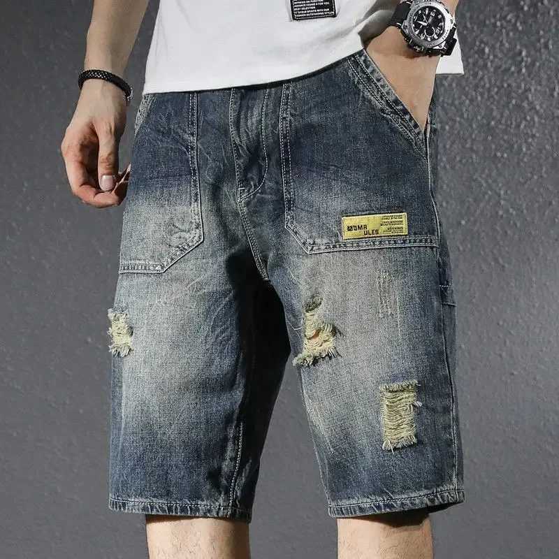 Man Denim Shorts Straight with Pockets Baggy Short Jeans Pants for Men Wide Loose Emo Streetwear Y2k Fashion Retro Blue ButtonsXJ250117
