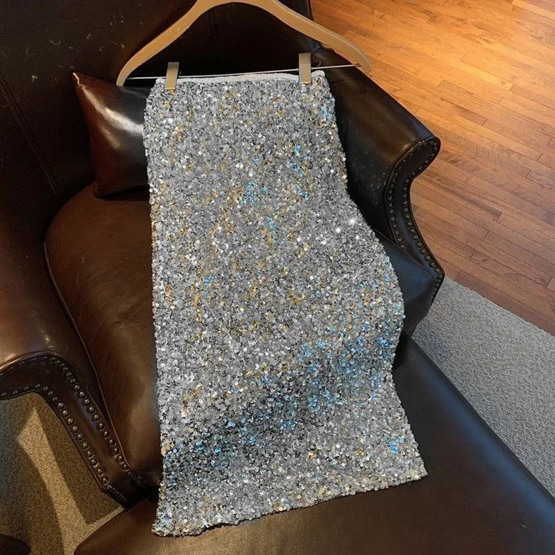 Sequin Decorate Women Midi Skirts High Waist Korean Office Lady Rear Slit A Line Y2K Elegant Hepburn Style Party 250108